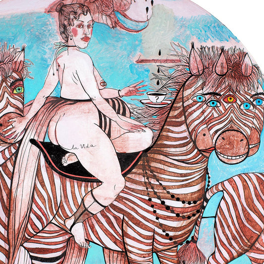 Illustration of a person riding two合一的zebras with a colorful background