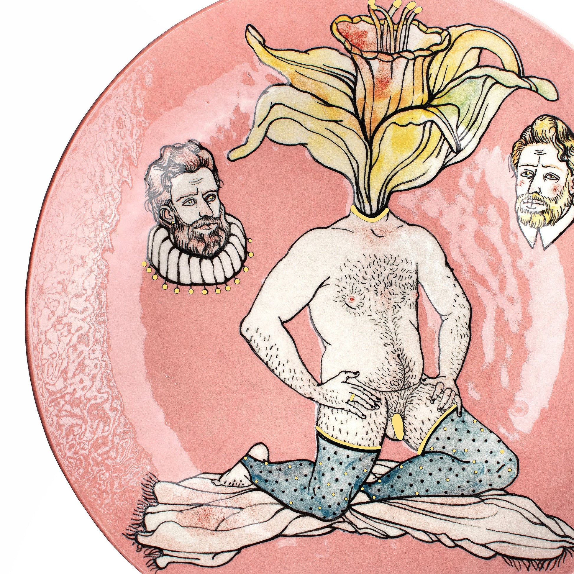 Ceramic Plate of a person with a flower head on a pink background, featuring portraits on the sides by Nina Murashkina, close-up.
