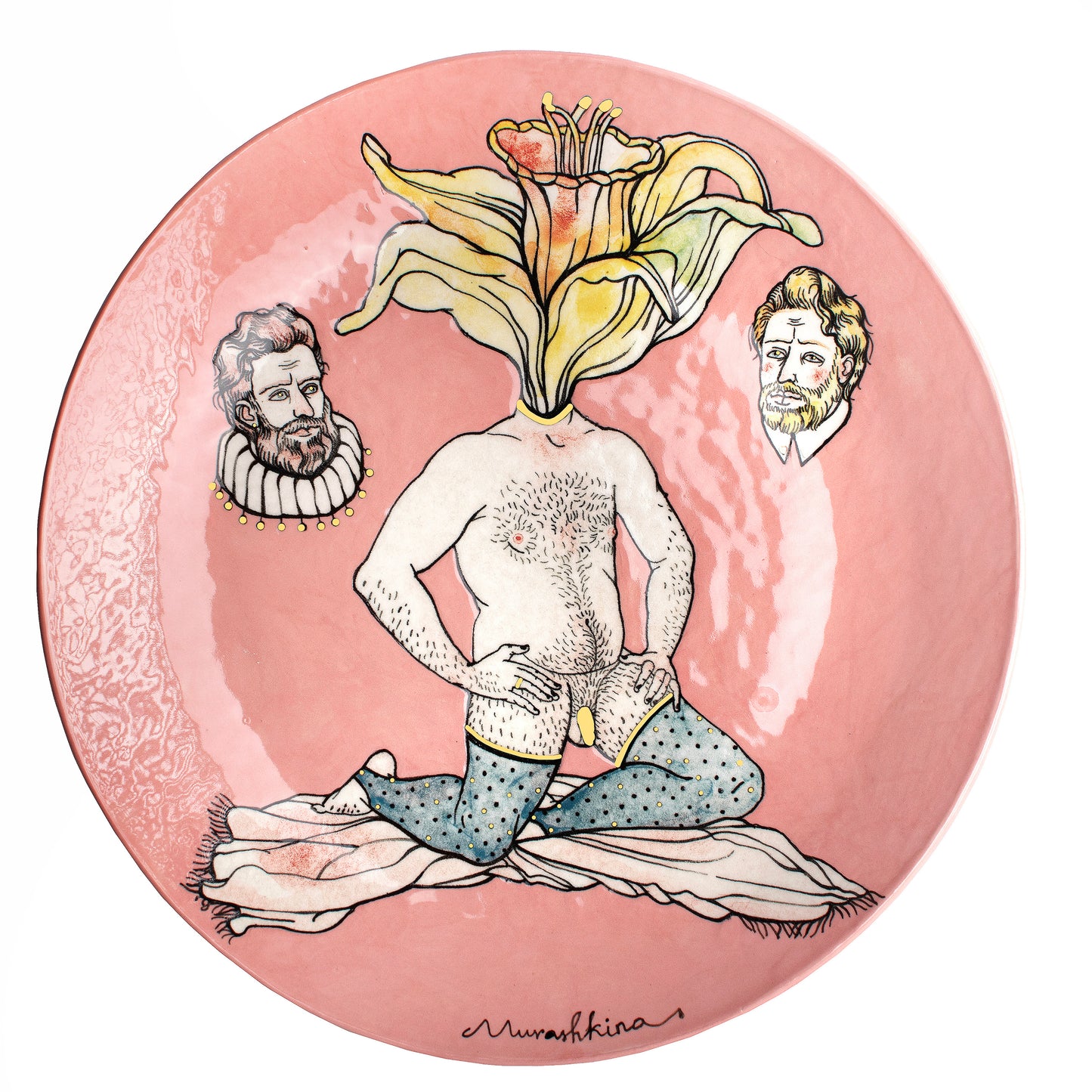 Decorative plate with a person with a flower head on a pink background, featuring portraits on the sides.