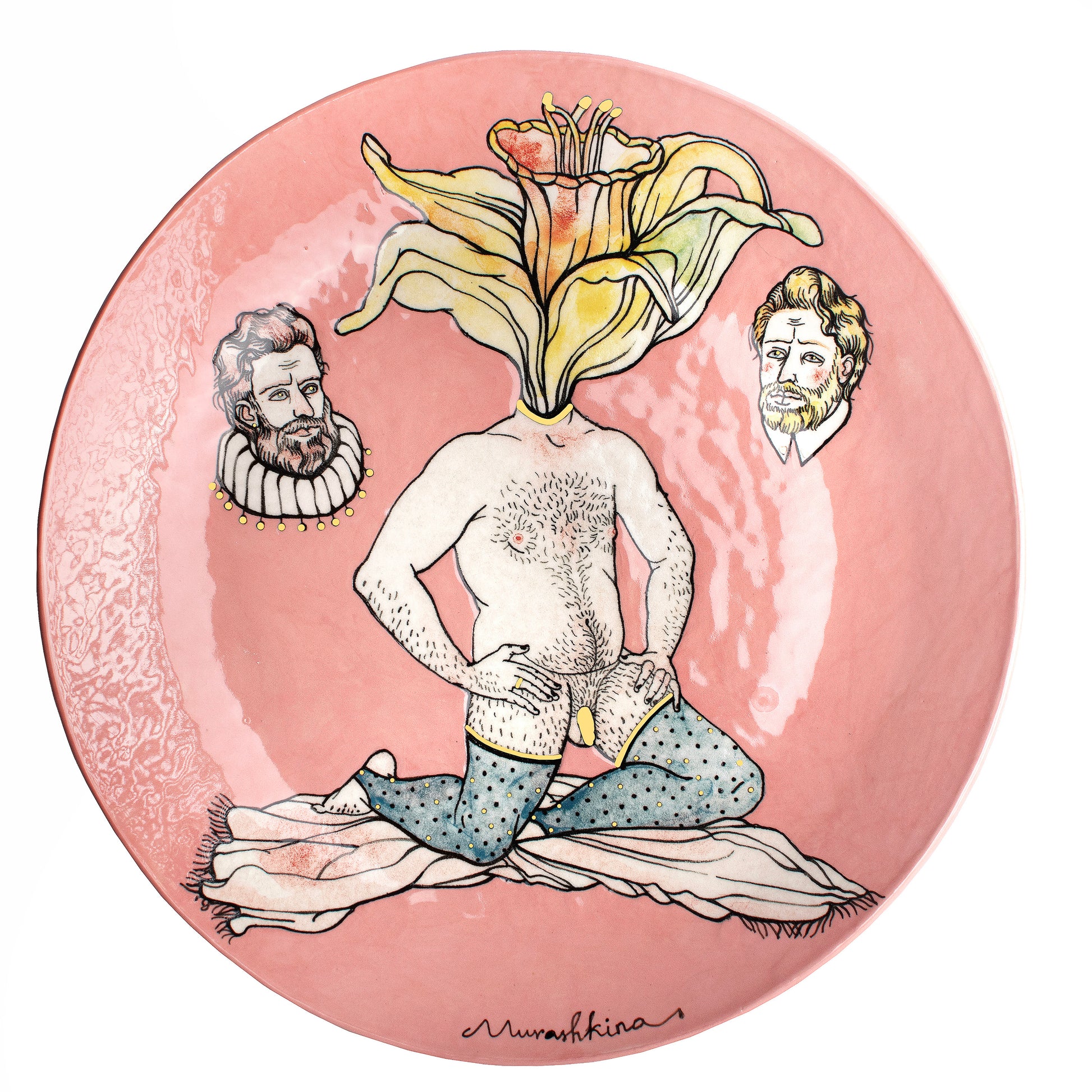 Decorative plate with a person with a flower head on a pink background, featuring portraits on the sides.
