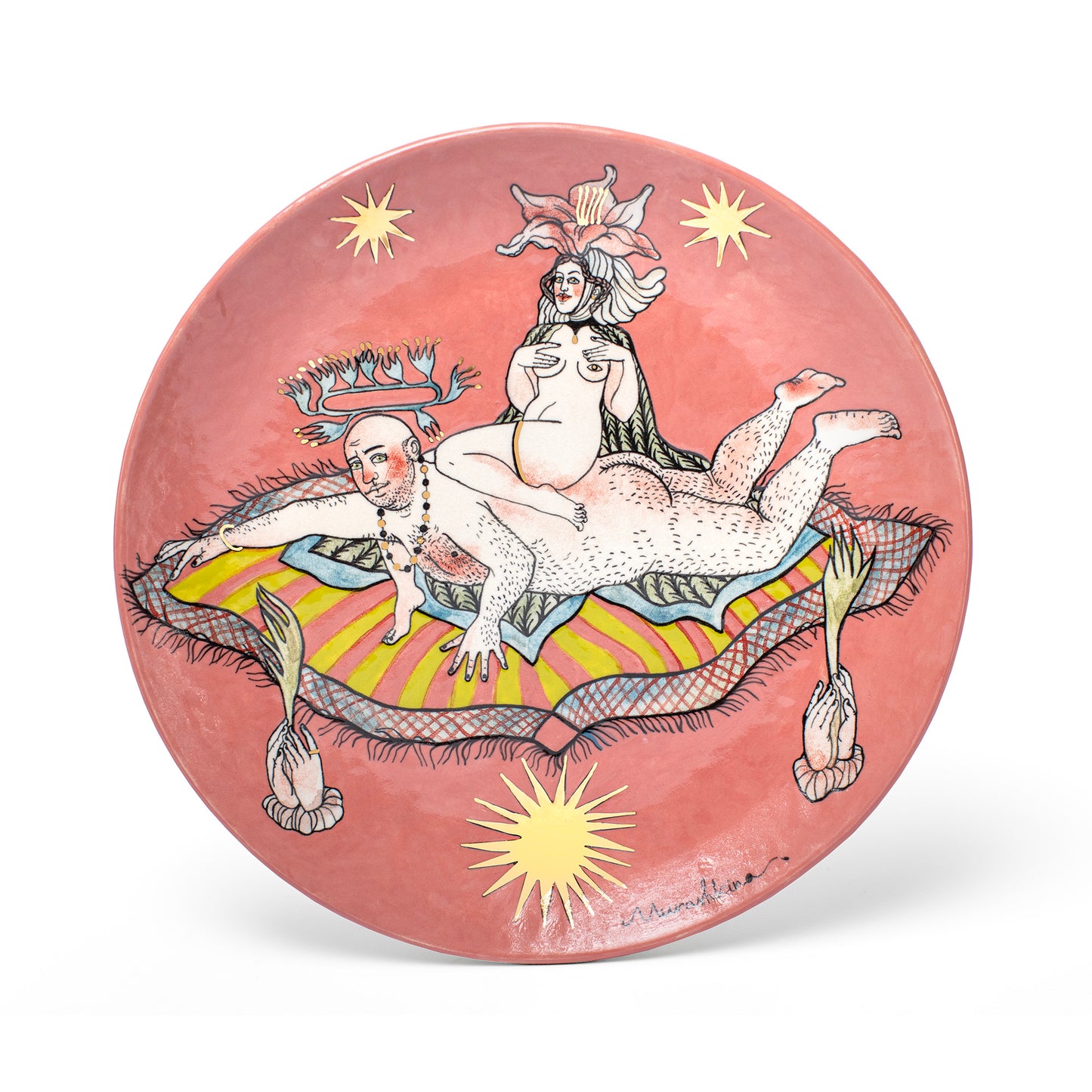 Decorative plate with artistic depiction of a nude figure and child on a pink background