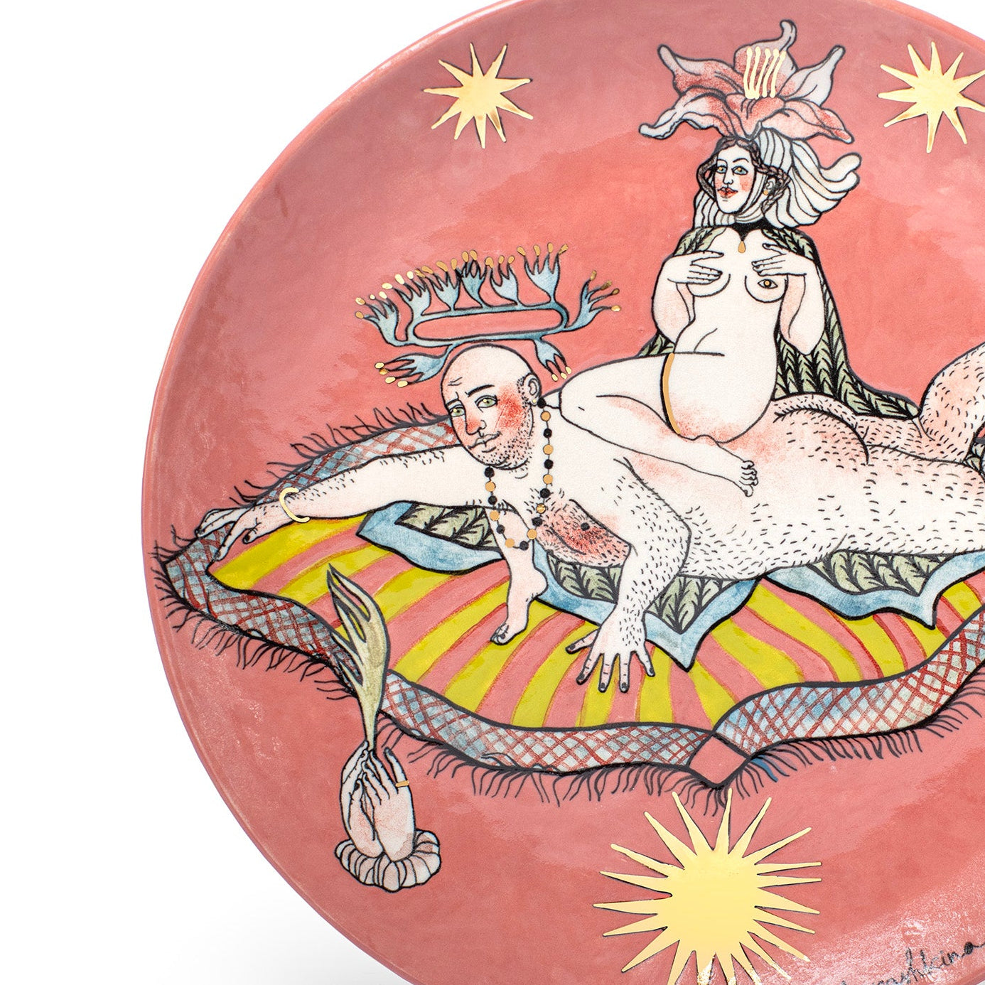Decorative plate with artistic depiction of a nude figure and child on a pink background