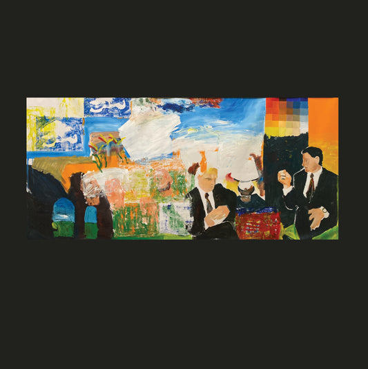 Abstract artwork with figures and landscape on a black background