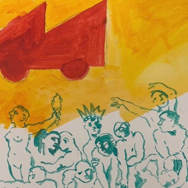 Artistic depiction of figures with a red car on a yellow background