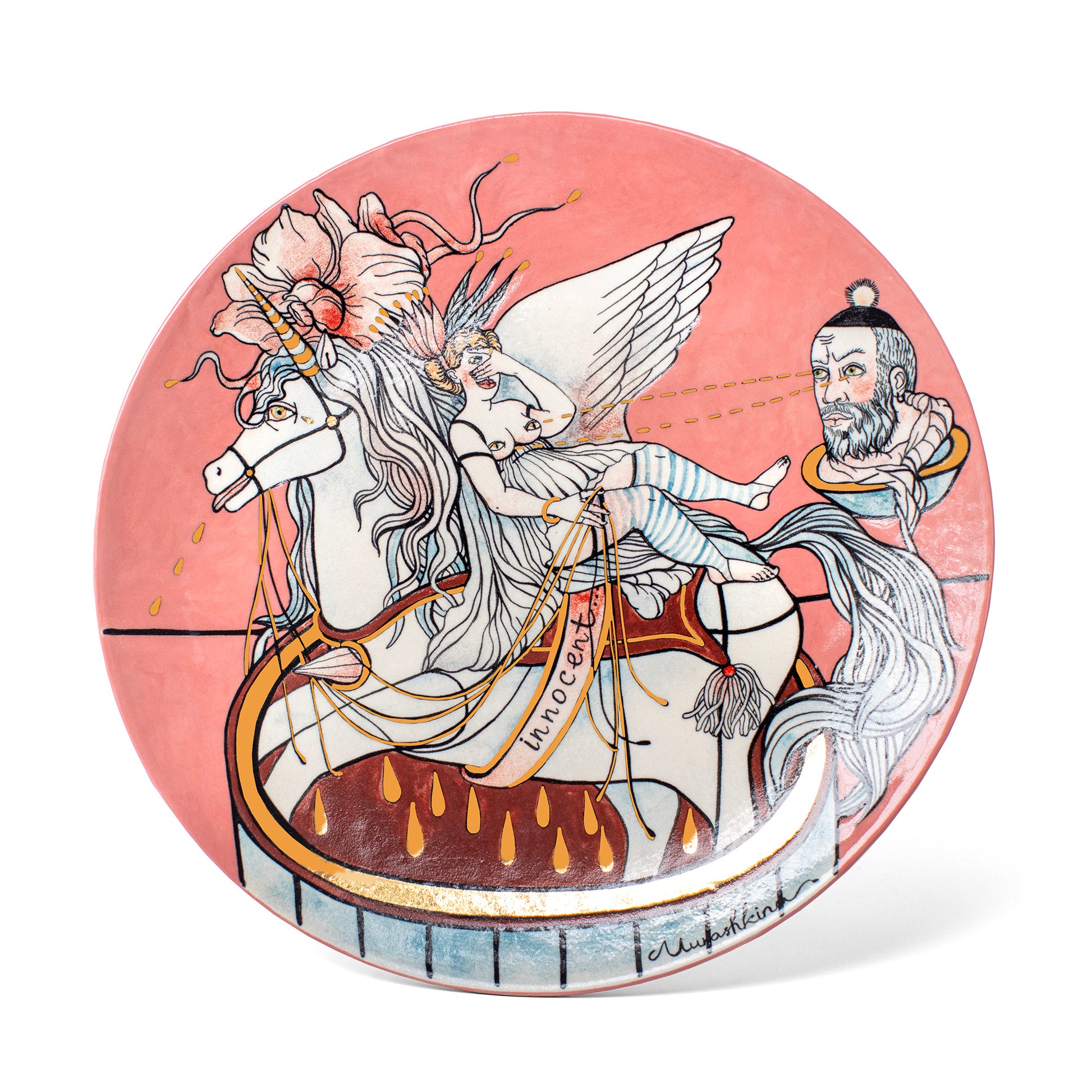 Decorative plate with artistic depiction of a winged figure and a bearded man on a pink background
