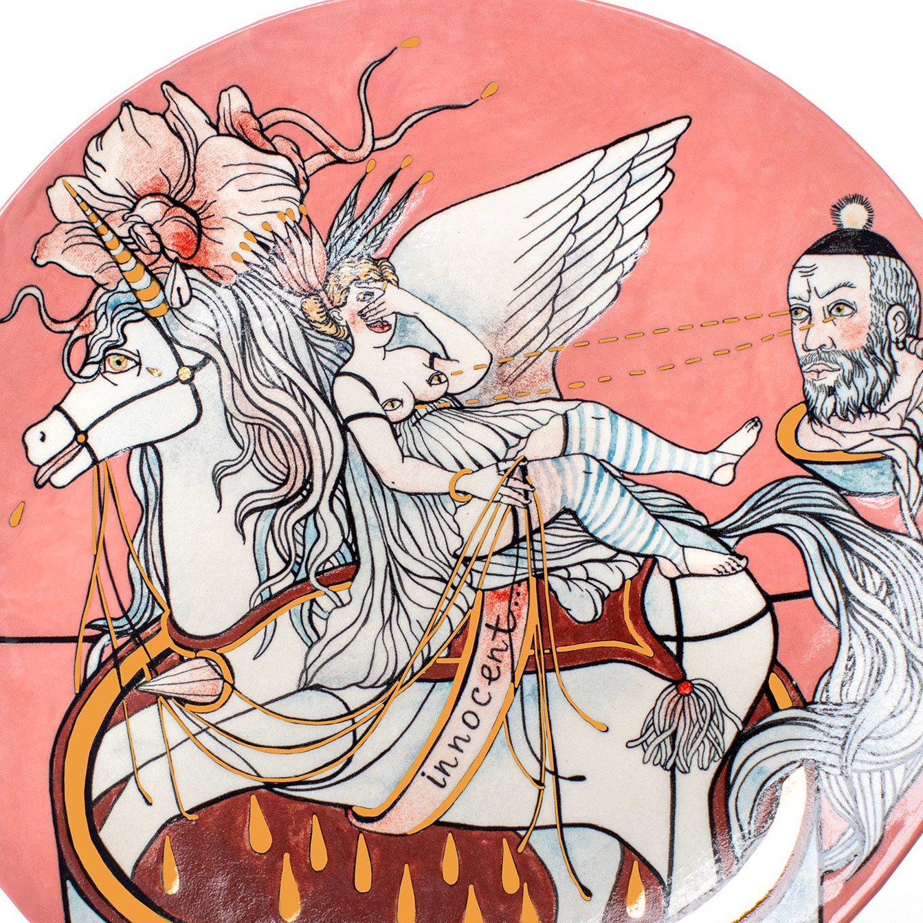 Decorative plate with artistic depiction of a winged figure and a bearded man on a pink background
