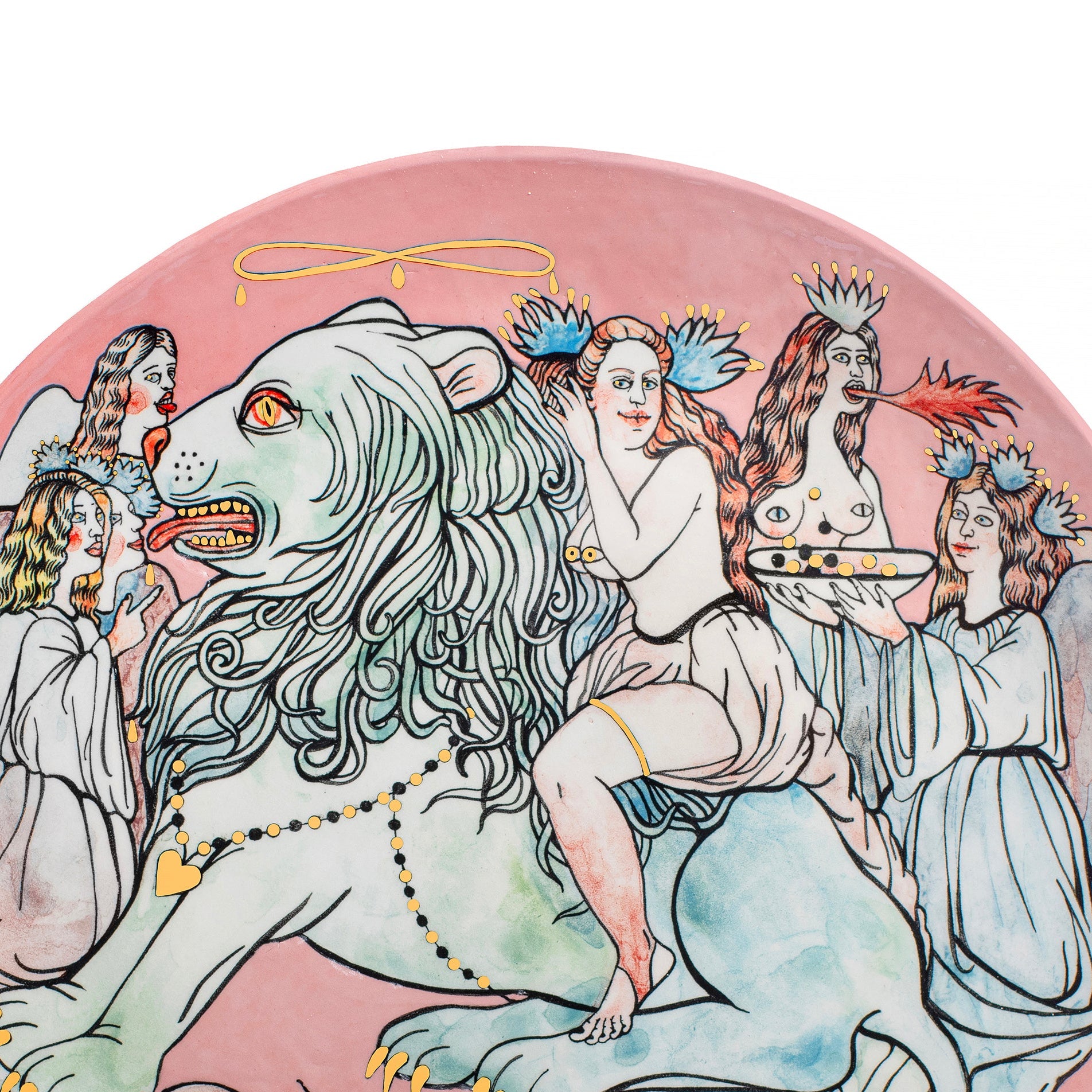Decorative plate with a lion and angel design on a pink background