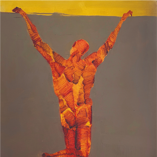 Artistic depiction of a figure with outstretched arms against a gradient background