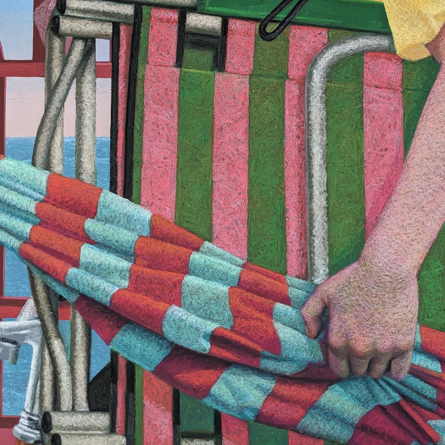 Two women on a beach with colorful chairs and towels, artwork, close up, mixed media