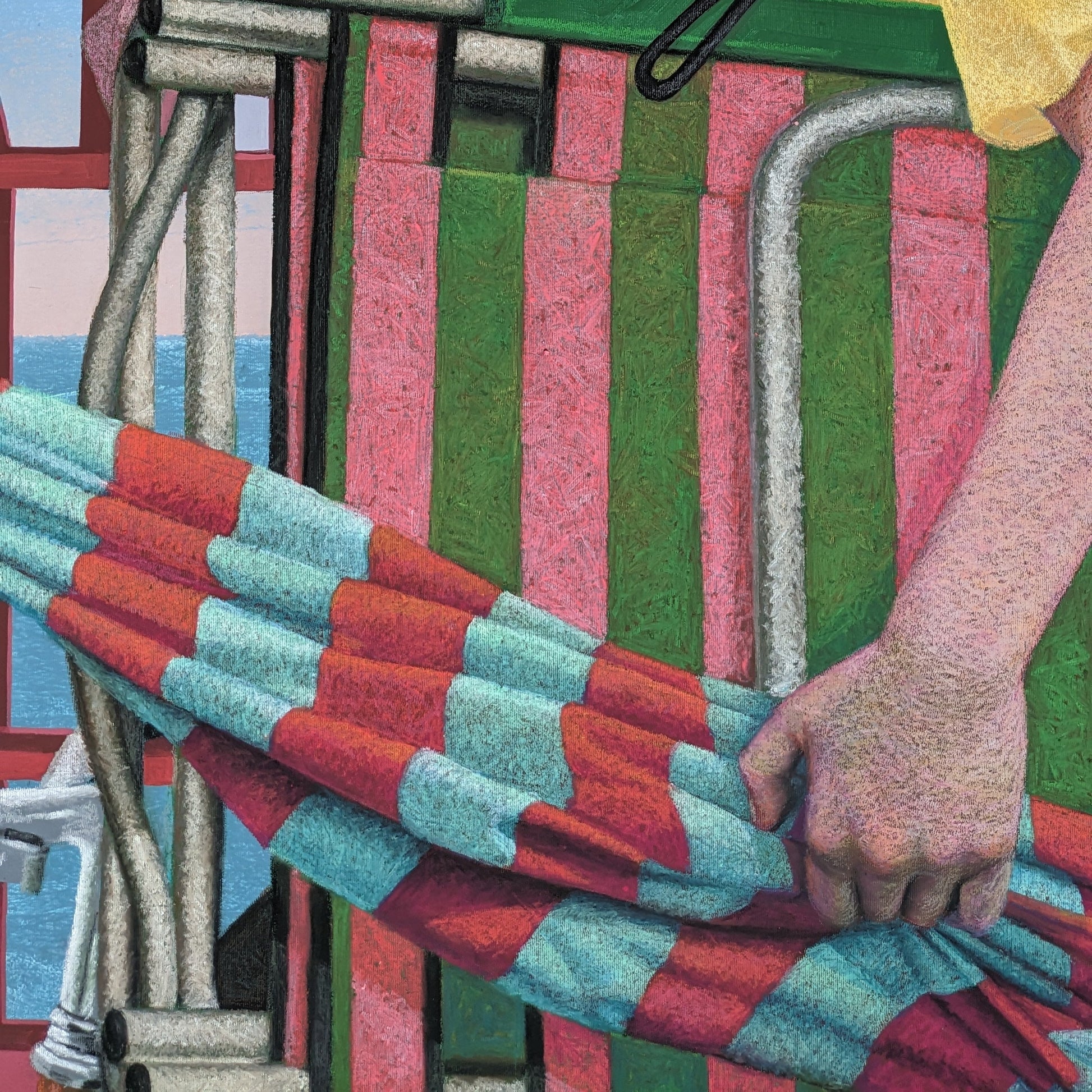 Two women on a beach with colorful chairs and towels, artwork, close up, mixed media