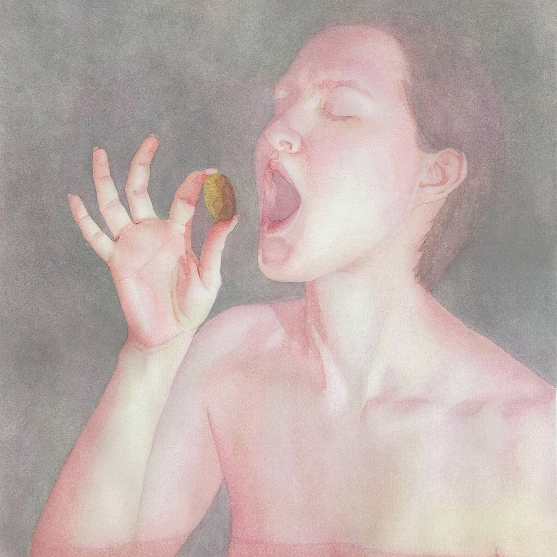 Artistic depiction of a person with a mouth wide open, holding a small object, with three similar objects on a surface below.