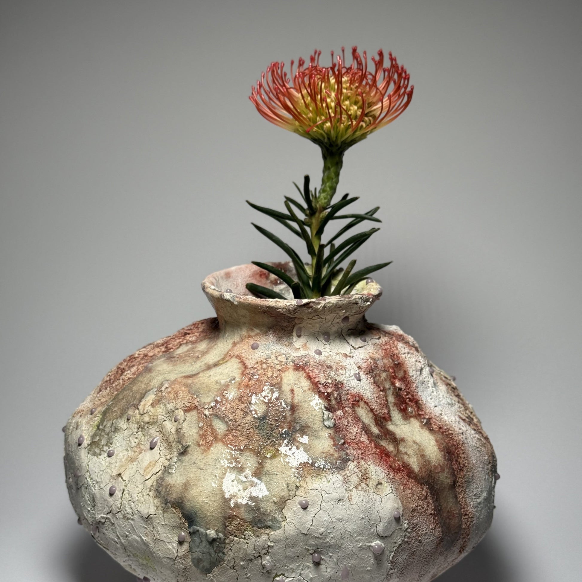 Decorative ceramic vase with textured surface and a small plant on a gray background, with a flower.