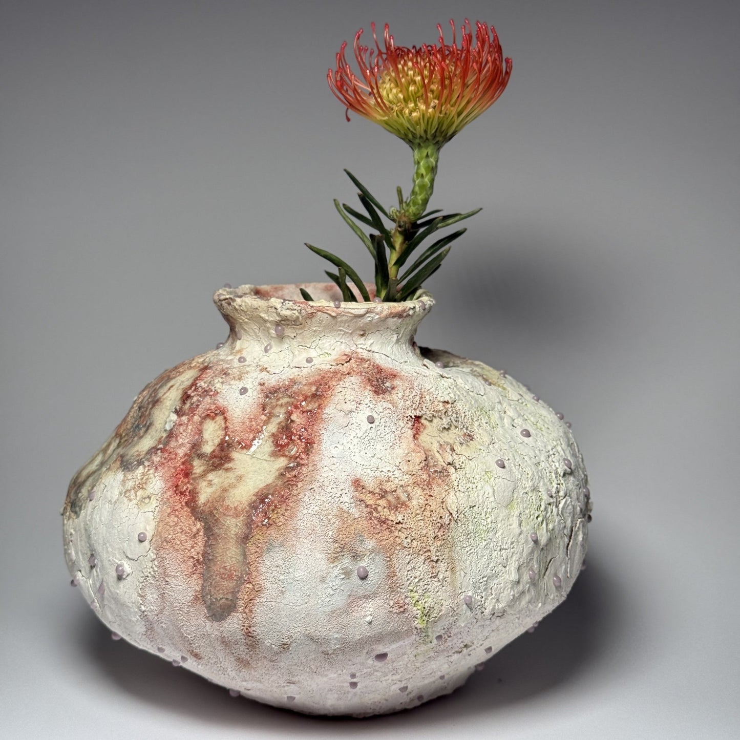 Decorative ceramic vase with textured surface and small plant on a gray background, with the flower.