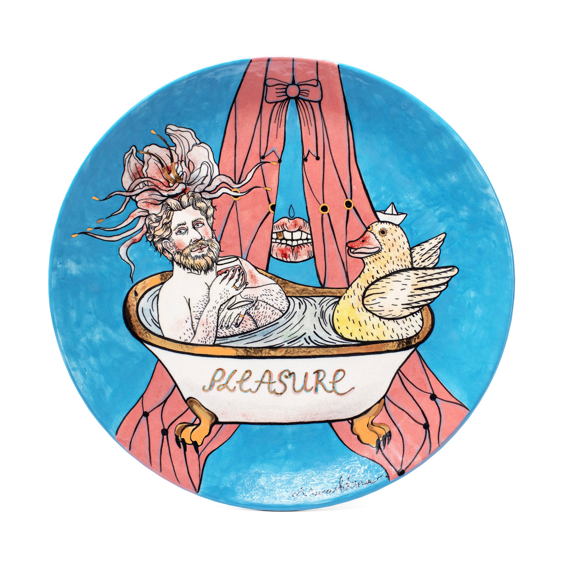 Decorative plate with a man in a bathtub and a duck, featuring the word 'pleasure'.