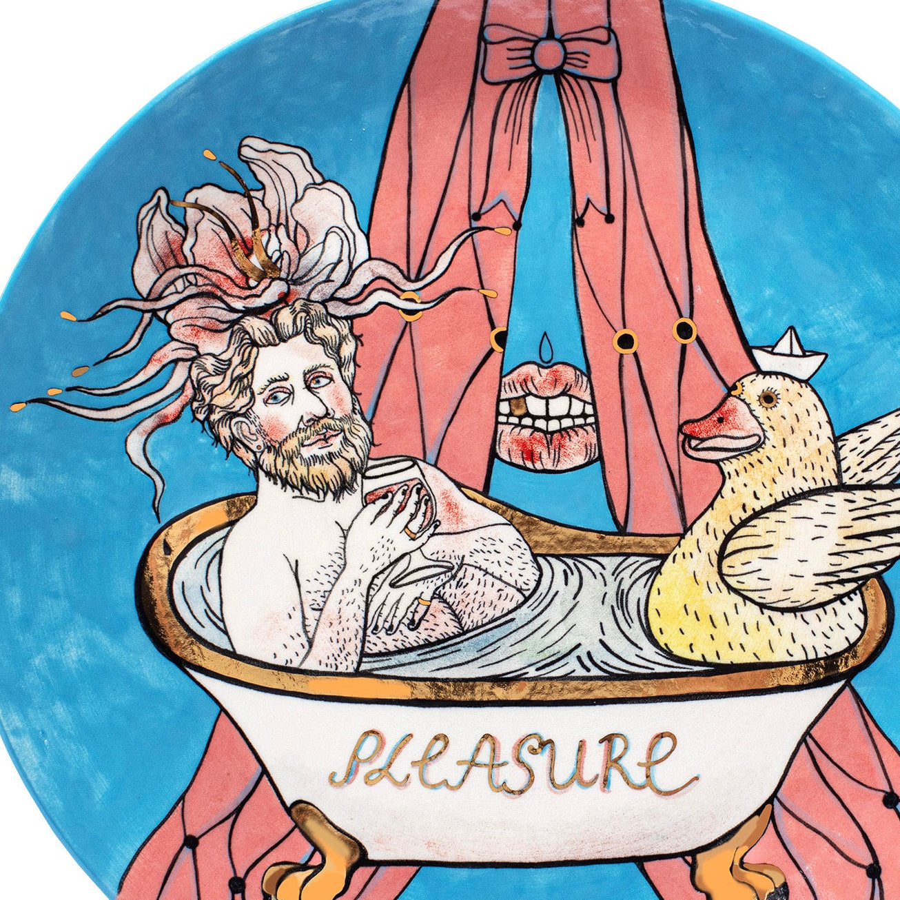 Decorative plate with a man in a bathtub and a duck, featuring the word 'pleasure'.