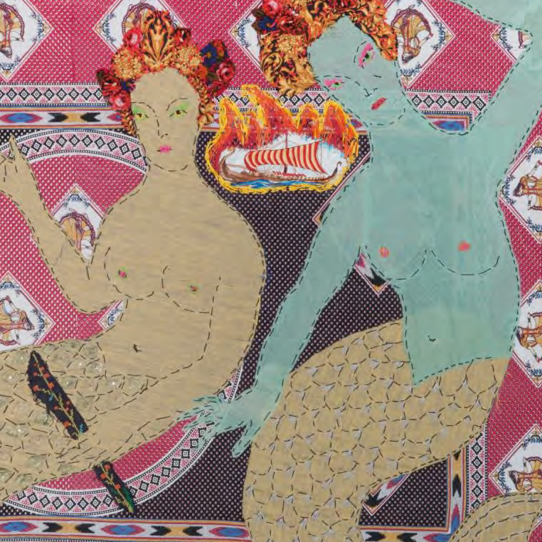 Decorative tapestry with mermaid design on a pink background