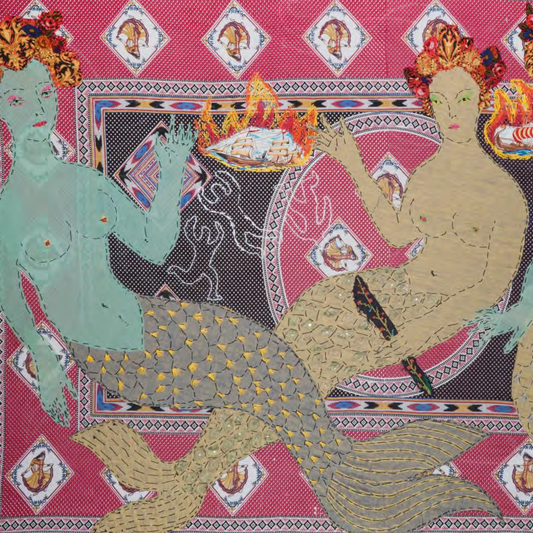 Decorative tapestry with mermaid design on a pink background