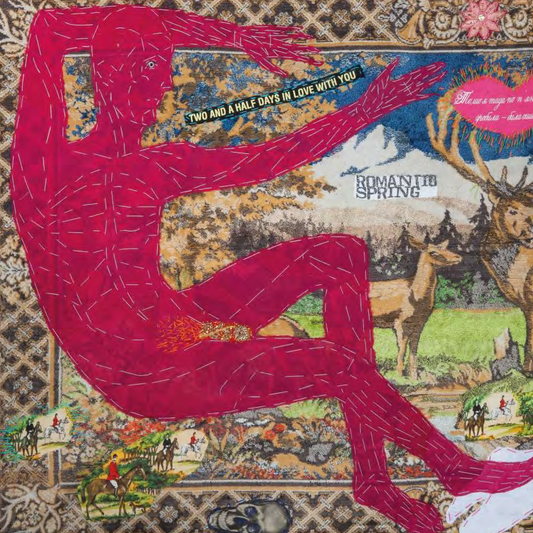 Textile art piece with a stylized figure and abstract design on a white background