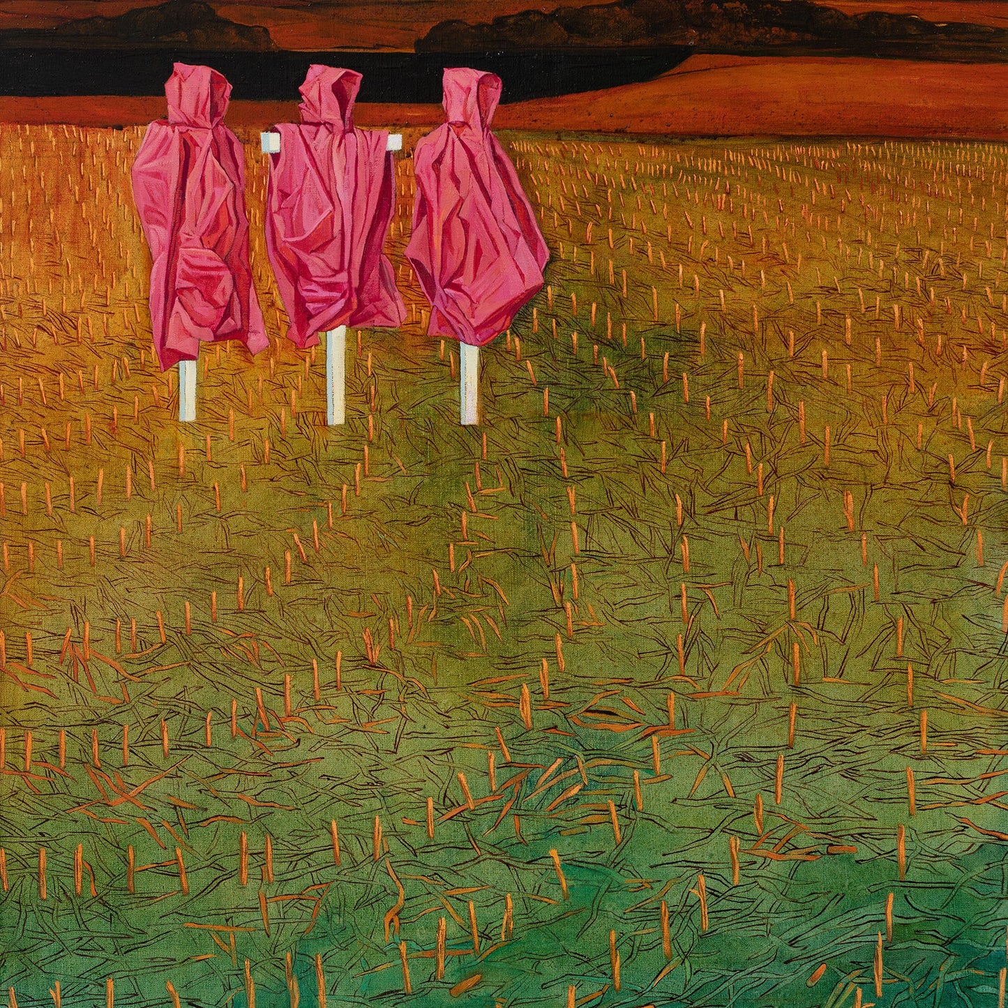 Three pink figures in hooded cloaks standing in a field with a sunset sky.