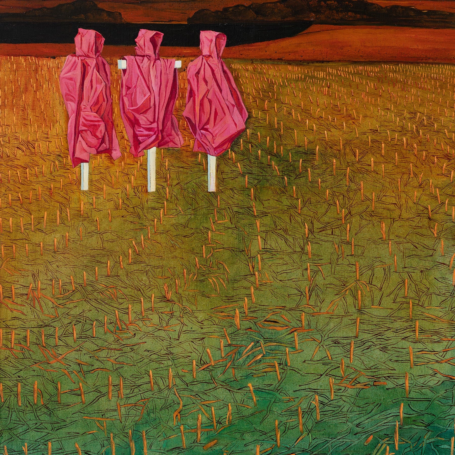 Three pink figures in hooded cloaks standing in a field with a sunset sky.