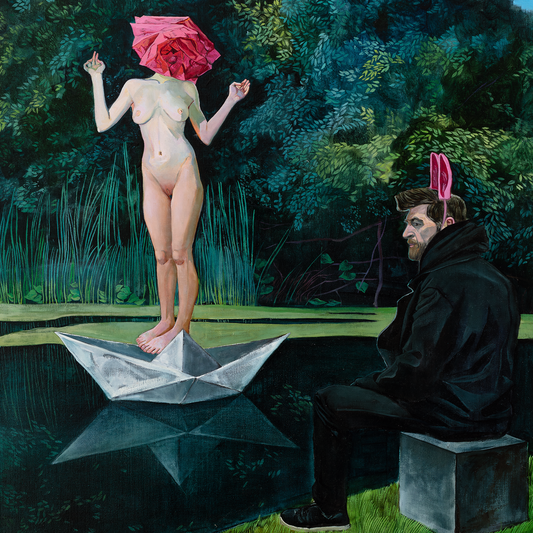 Surreal painting of a nude figure with a pink headpiece standing on a paper boat, watched by a seated figure with a similar headpiece.