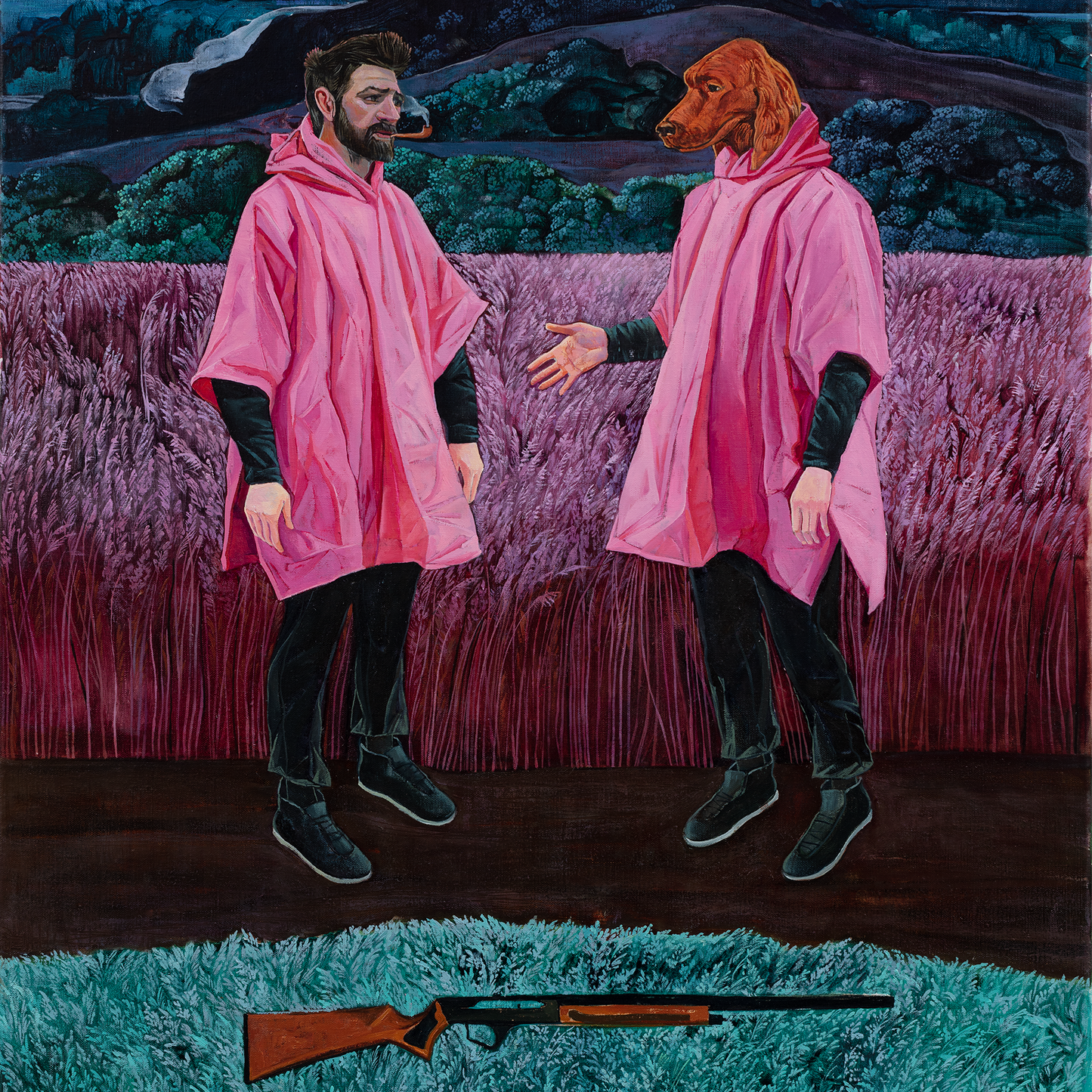 Two surrealistic figures in pink ponchos standing on a grassy area with a rifle on the ground, against a scenic background.