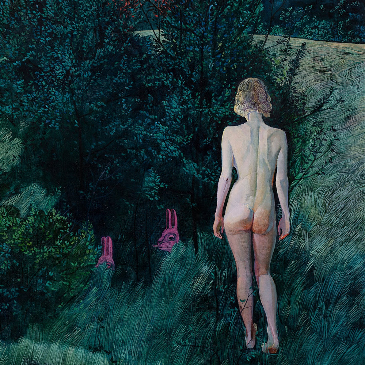 Nude figure walking through a forest at dusk with a pink light in the distance.