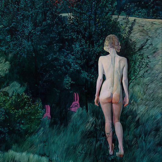 Nude figure walking through a forest at dusk with a pink light in the distance.