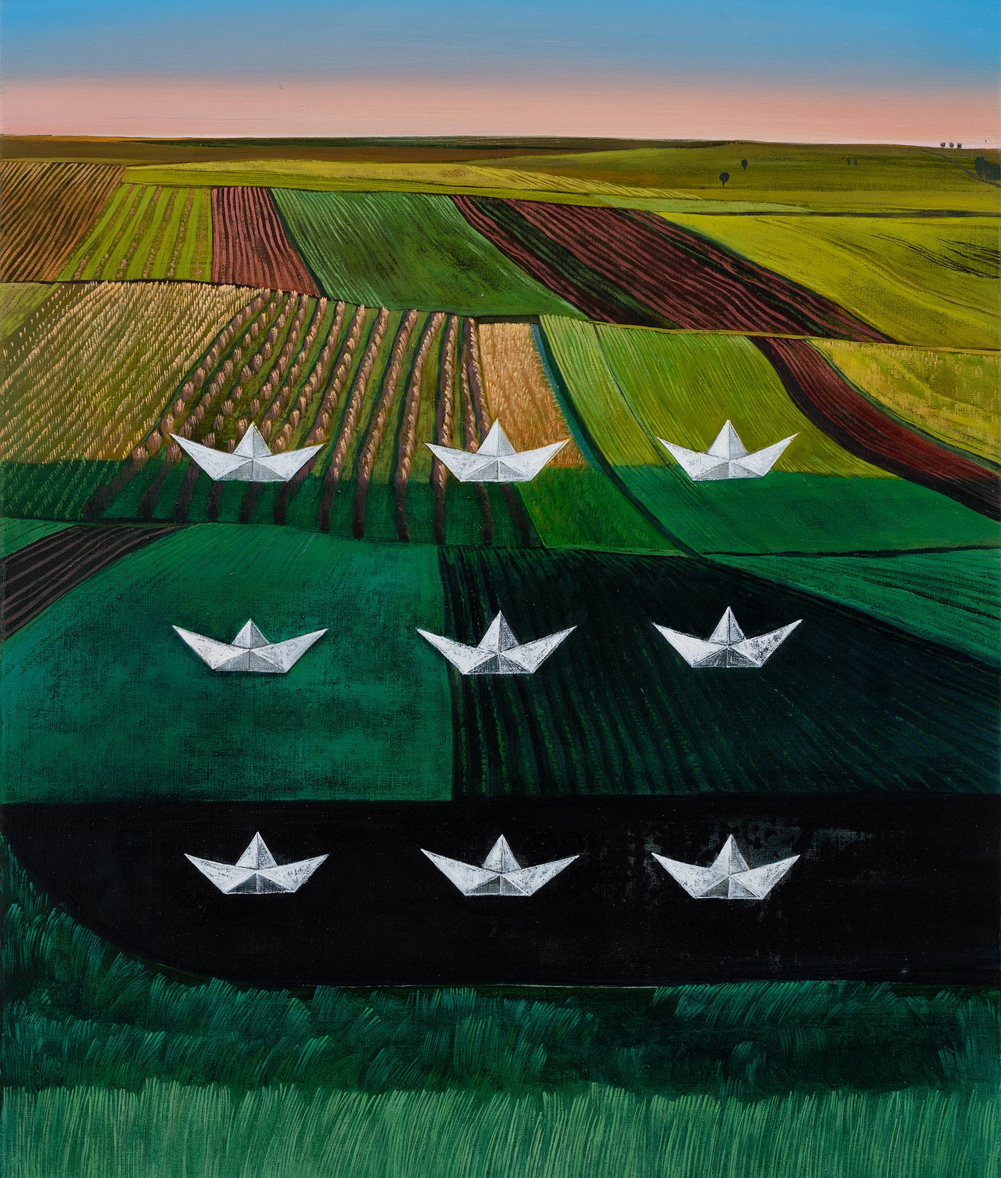 Artistic depiction of paper boats on a landscape with fields and a horizon.