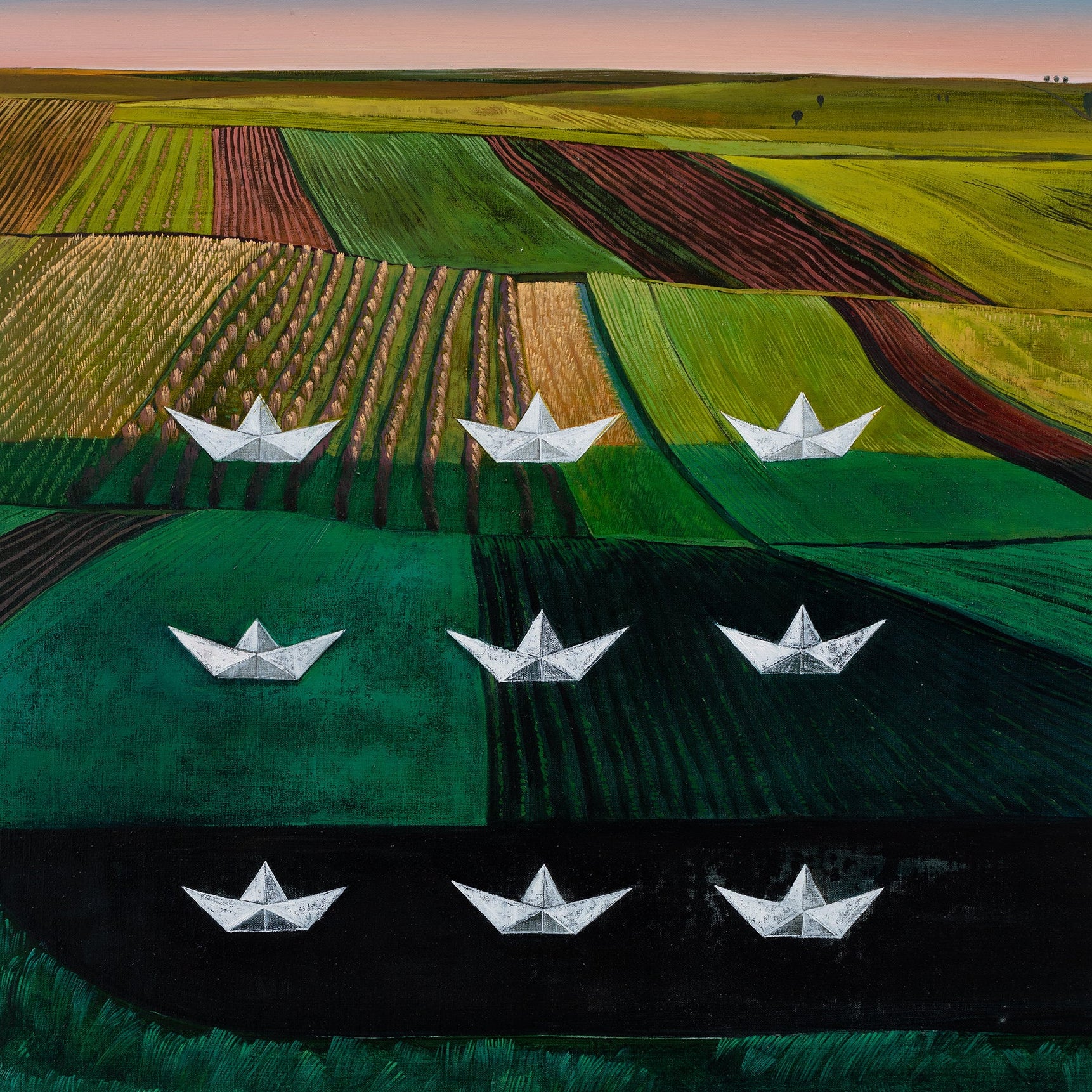 Surrealistic depiction of paper boats on a landscape with fields and a horizon, artwork 