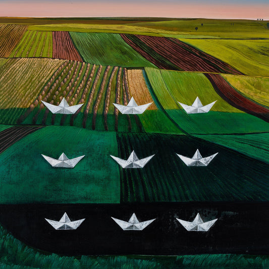 Surrealistic depiction of paper boats on a landscape with fields and a horizon, artwork 