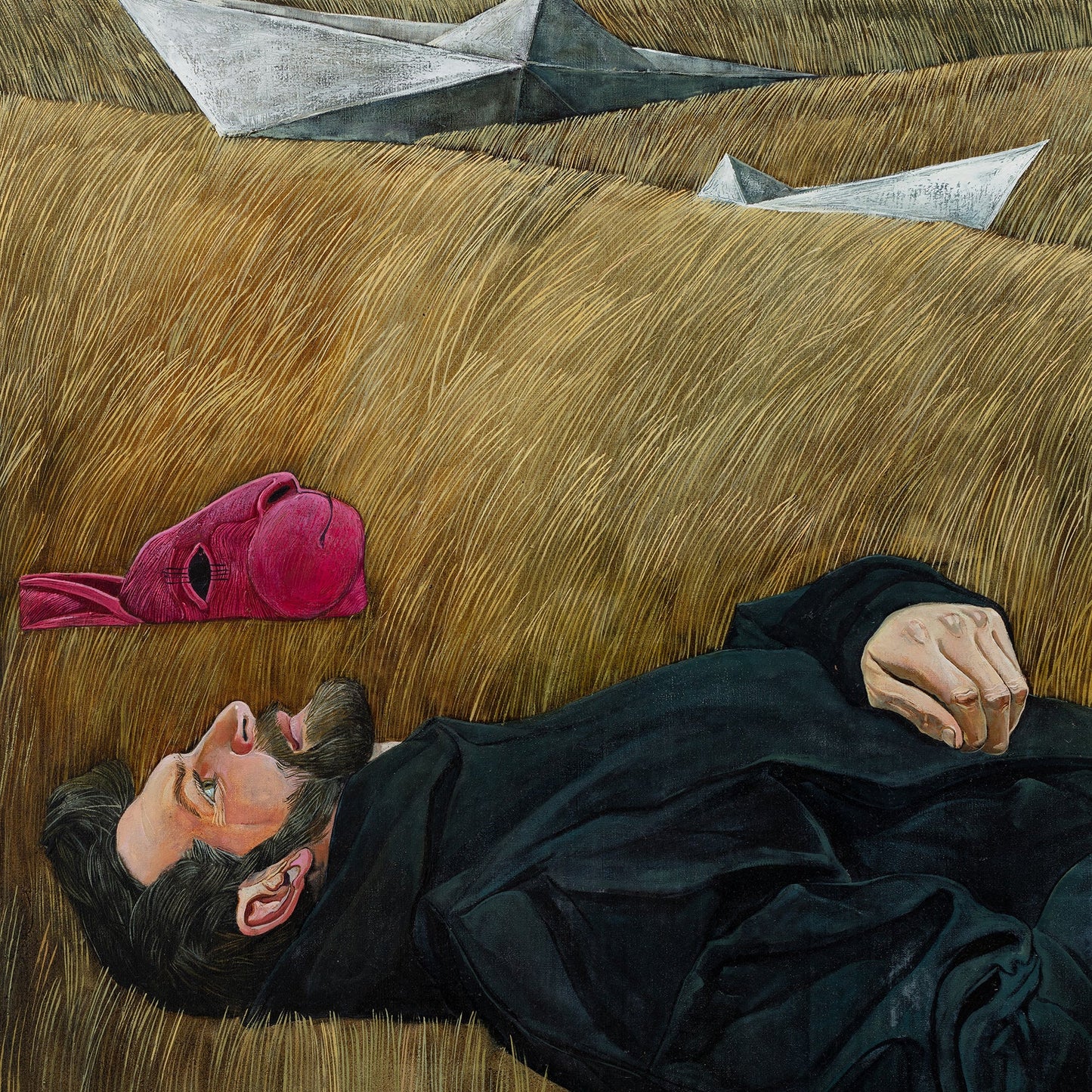 Surrealistic artwork of a Man lying on a textured surface with paper boats and a red bunny nearby, under a blue sky.