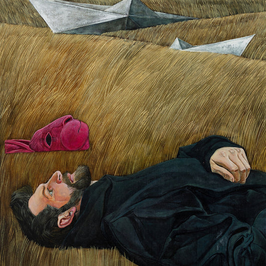 Surrealistic artwork of a Man lying on a textured surface with paper boats and a red bunny nearby, under a blue sky.