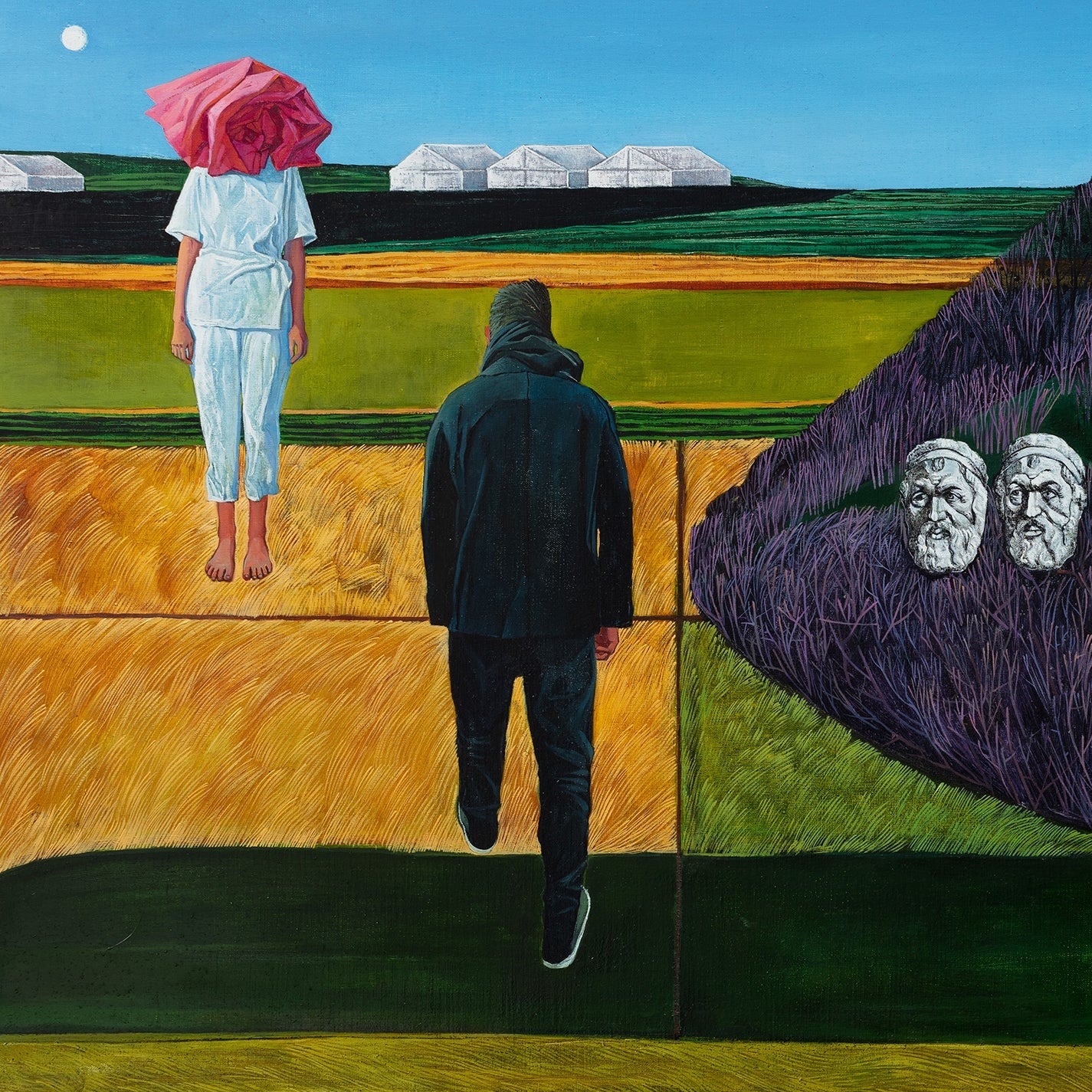 fragment of an Abstract artwork with figures and landscapes in a surreal setting