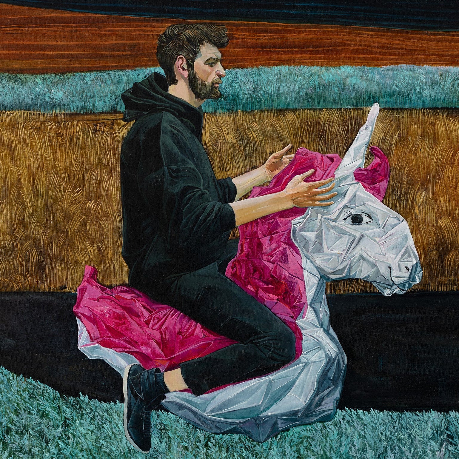 Surrealistic Man floating a pink and white unicorn with a landscape background 
