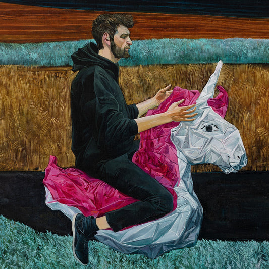 Surrealistic Man floating a pink and white unicorn with a landscape background 