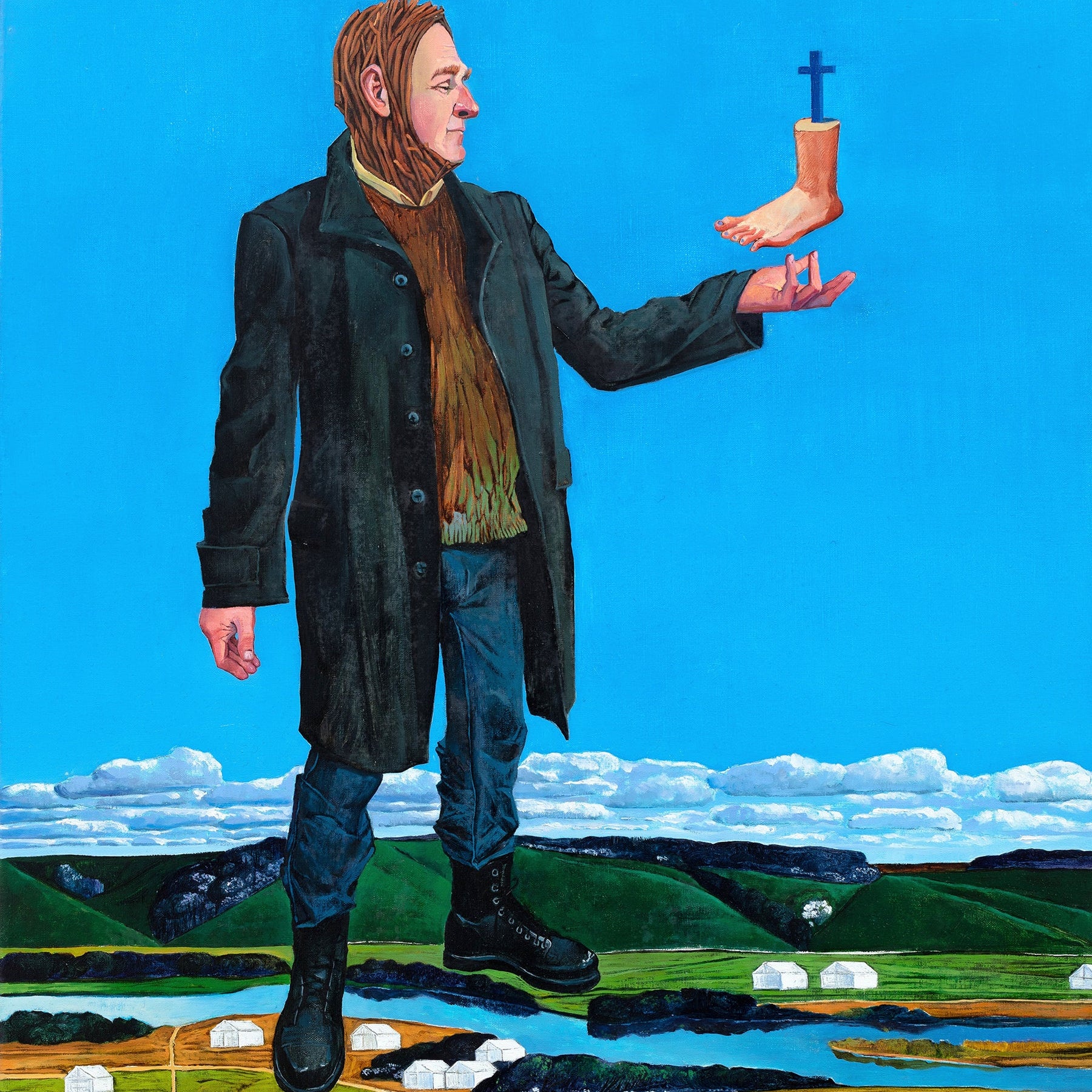 Surrealist man in a coat holding a disembodied foot against a blue sky with green fields below.