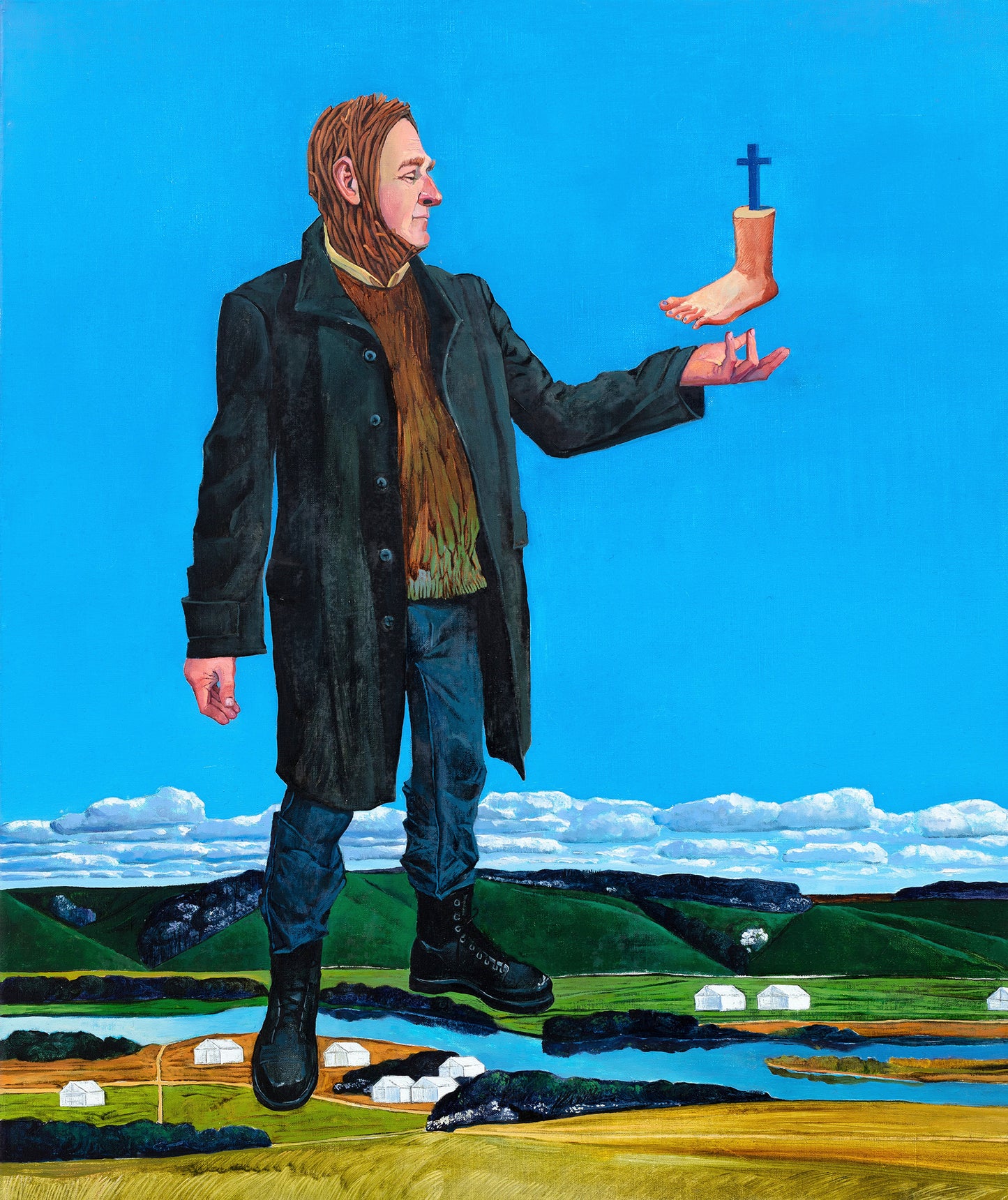 Surrealistic Man in a coat holding a disembodied foot against a blue sky with green fields below.