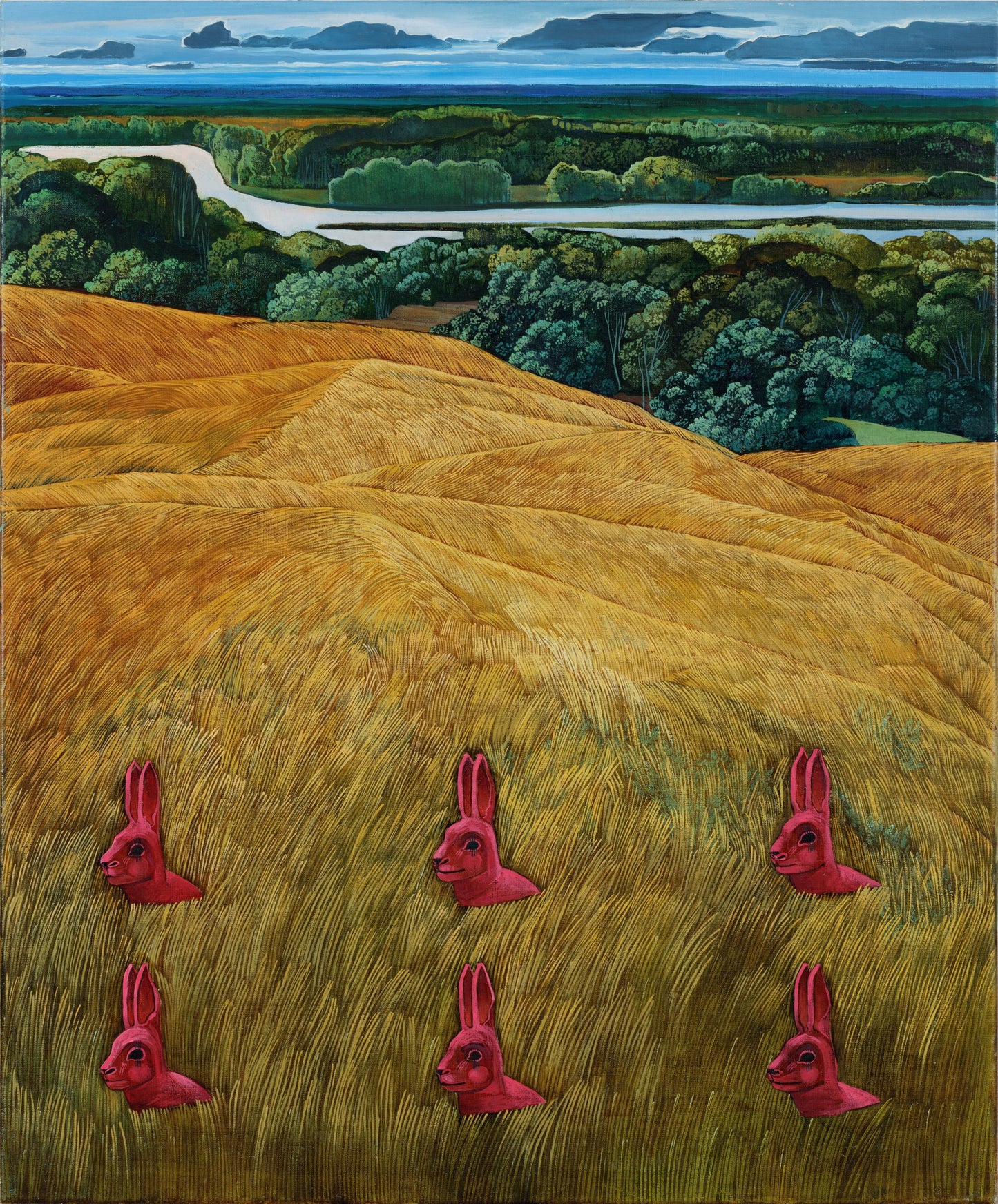 Artistic depiction of red rabbits in a golden field with a landscape in the background