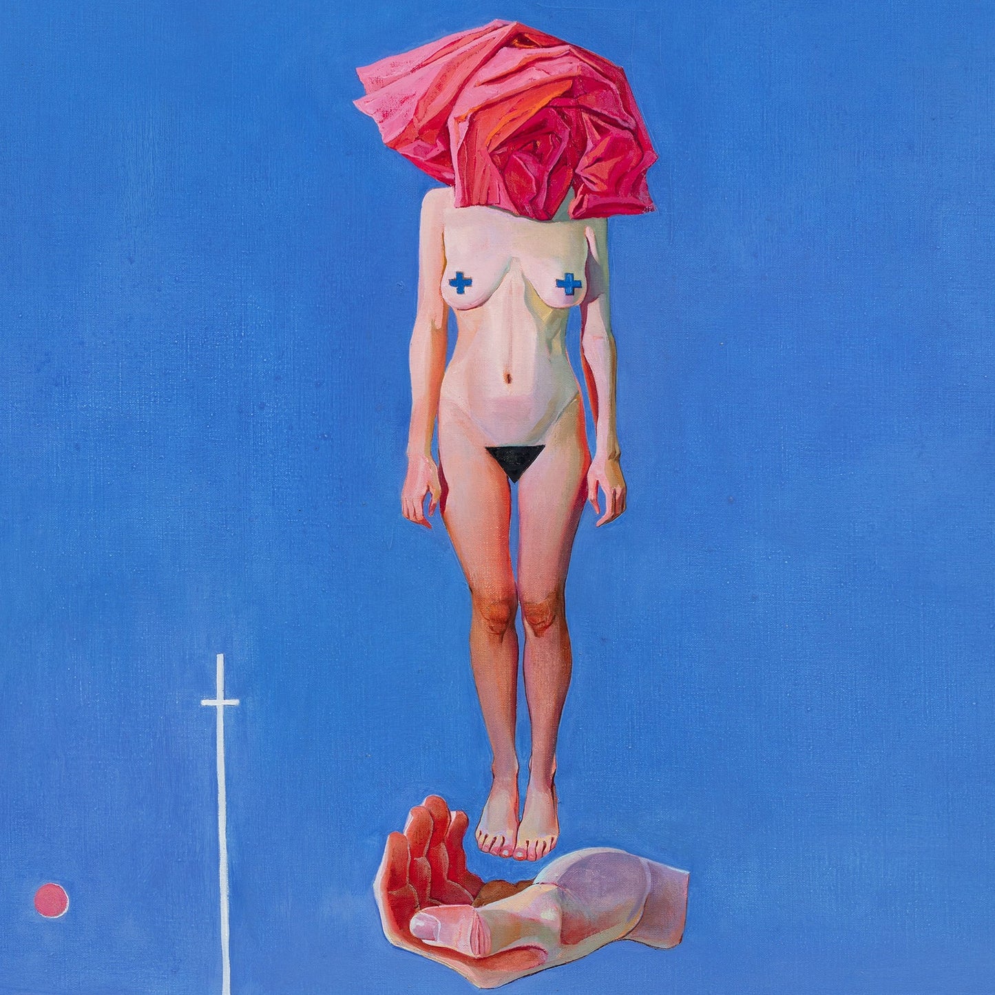 Surreal painting of a figure with a large pink flower on its head against a blue sky.