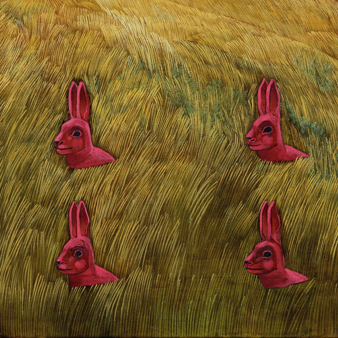 Illustrations for The Journey of Dr. Leonardo. Close-up ofan  Artistic depiction of red rabbits in a golden field with a landscape in the background