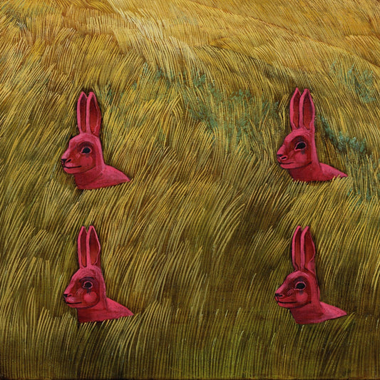 Illustrations for The Journey of Dr. Leonardo. Close-up ofan  Artistic depiction of red rabbits in a golden field with a landscape in the background
