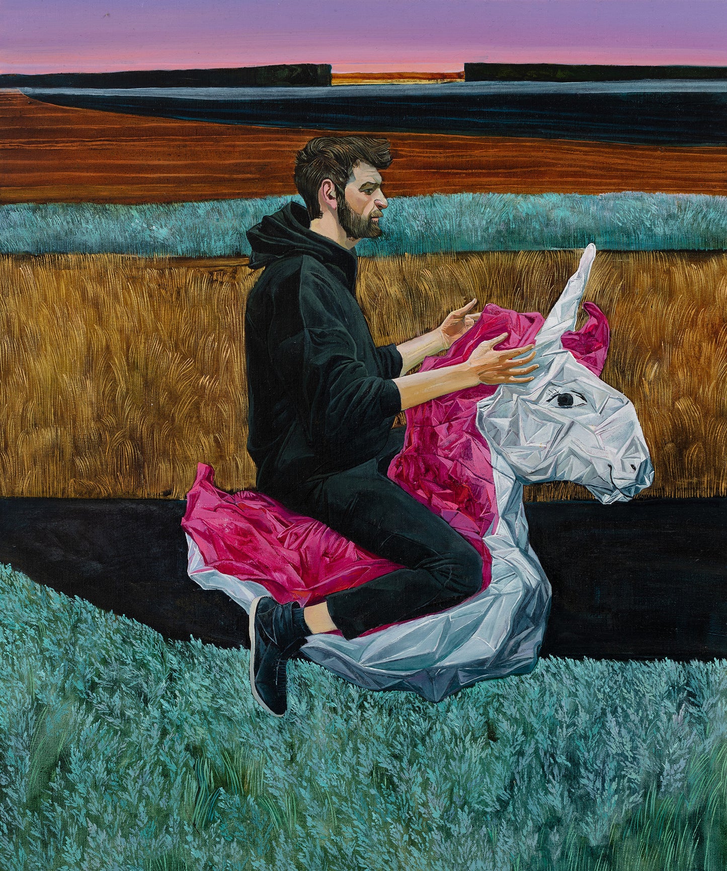 Surrealistic Man floating a pink and white unicorn with a landscape background 