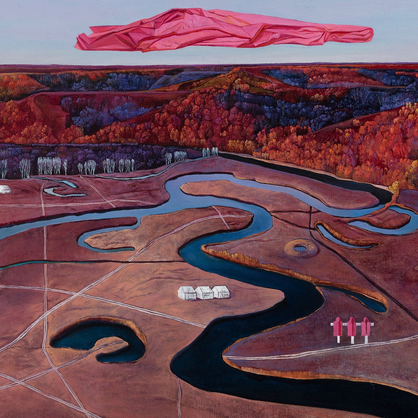 Artistic depiction of a landscape with abstract elements and a pink object in the sky.