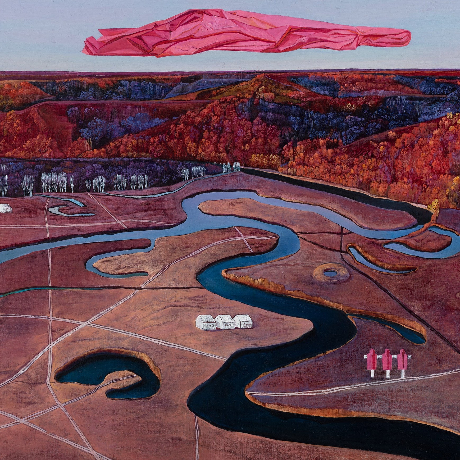 Artistic depiction of a landscape with abstract elements and a pink object in the sky.