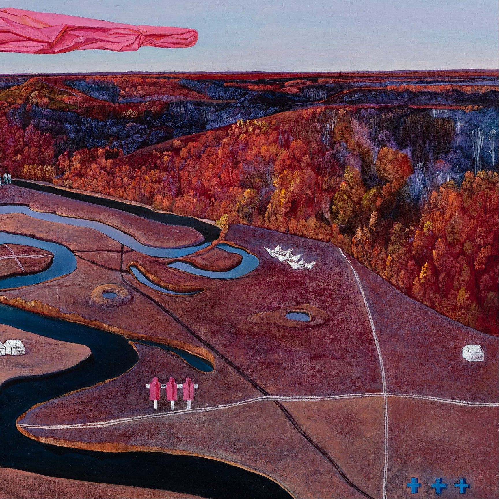 Surrealistic Aerial view of a landscape with a pink object in the sky