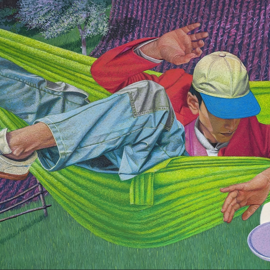 Person in a green hammock with a table of snacks and drinks below, art work