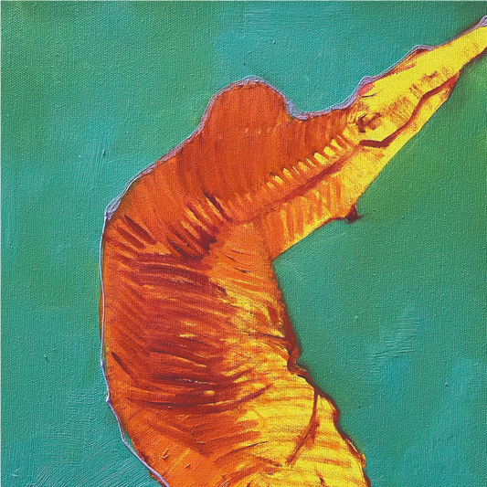 Abstract art piece with a large orange shape on a teal background