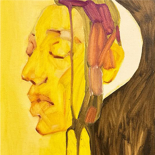 Artistic depiction of a face with yellow skin and purple hair against a yellow background