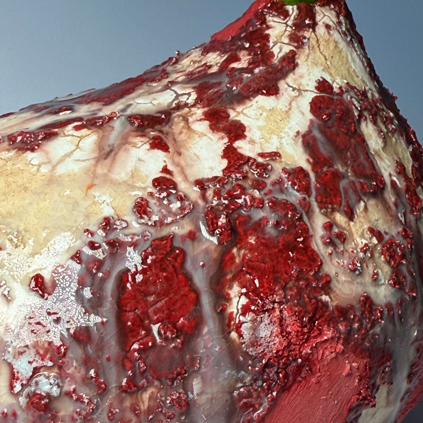 Close-up of a red and white interior vase 